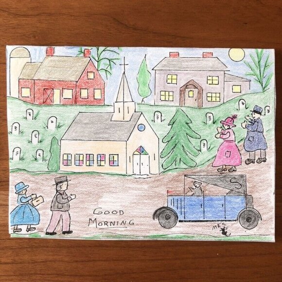 5 PA Folk Art Blank Note Cards Hand Made Country Evelopes Vtg Farm Wash Birthday - Picture 6 of 10